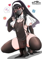 Rule 34 | 1boy, black hair, black thighhighs, blush, bow, bridal gauntlets, capelet, chastity cage, dutch angle, habit, hair between eyes, heart, high heels, highres, jewelry, long hair, mask, mouth mask, nagano rira, necklace, nipples, nun, original, red eyes, see-through, small penis, solo, spread legs, squatting, thighhighs, trap