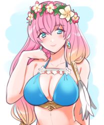 Rule 34 | 1girl, bikini, blonde hair, blue eyes, breasts, cleavage, closed mouth, earrings, fire emblem, fire emblem heroes, gradient hair, gunnthra (fire emblem), head wreath, jewelry, large breasts, long hair, multicolored hair, nintendo, pink hair, simple background, smile, solo, swimsuit, upper body, yurige