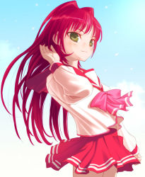 Rule 34 | 00s, 1girl, arm up, blush, bow, bowtie, cowboy shot, hand in own hair, kousaka tamaki, long hair, long sleeves, looking at viewer, pink bow, pink bowtie, pleated skirt, red hair, red skirt, sailor collar, school uniform, serafuku, shirt, skirt, smile, solo, to heart (series), to heart 2, uni (plastic girl), very long hair, white shirt, yellow eyes