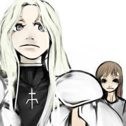 Rule 34 | 00s, 2girls, armor, blonde hair, brown hair, clare (claymore), claymore (series), closed mouth, frown, green eyes, multiple girls, poorly drawn, shoulder pads, simple background, teresa, turtleneck, upper body, white background, yama