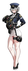 Rule 34 | 1girl, absurdres, baton (weapon), black footwear, black gloves, breasts, cleavage, fingerless gloves, full body, gloves, grey hair, gun, hair between eyes, hand on own hip, hat, headset, high heels, highres, holding, holding gun, holding weapon, holster, large breasts, looking at viewer, medium breasts, original, parted lips, peaked cap, pencil skirt, police, police badge, police hat, police uniform, policewoman, pouch, short hair, simple background, skirt, solo, standing, thigh pouch, thigh strap, uniform, walkie-talkie, weapon, wedge heels, white background, white skirt, xiaoluo xl, yellow eyes