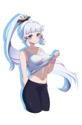 Rule 34 | 1girl, aowuawei, ayaka (genshin impact), bare shoulders, blue eyes, blunt bangs, blush, breasts, clothes lift, cropped legs, genshin impact, lifting own clothes, long hair, looking at viewer, medium breasts, midriff, navel, no bra, pants, ponytail, shirt lift, simple background, sportswear, standing, stomach, tank top, underboob, white background, white hair, yoga pants