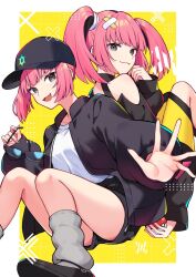 Rule 34 | 1girl, baseball cap, black shirt, blush, coral (pokemon), creatures (company), eyelashes, fang, game freak, grey eyes, hair ornament, hat, highres, jacket, long sleeves, looking at viewer, nintendo, off shoulder, open mouth, pink hair, pokemon, pokemon (anime), pokemon horizons, shirt, shorts, sleeves past fingers, sleeves past wrists, smile, solo, sunglasses, t-shirt, tila 276, twintails