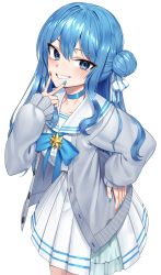 Rule 34 | 1girl, absurdres, blue bow, blue choker, blue eyes, blue hair, blue nails, blush, bow, cardigan, choker, commentary request, goback, grey cardigan, grin, hair between eyes, hair bun, hand on own hip, hand up, highres, hololive, hoshimachi suisei, hoshimachi suisei (school uniform), long hair, long sleeves, looking at viewer, multicolored nails, nail polish, open cardigan, open clothes, orange nails, pleated skirt, puffy long sleeves, puffy sleeves, sailor collar, school uniform, serafuku, shirt, side bun, simple background, single hair bun, single side bun, skirt, sleeves past wrists, smile, solo, standing, v over mouth, very long hair, virtual youtuber, white background, white sailor collar, white serafuku, white shirt, white skirt