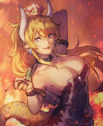 Rule 34 | 1girl, arm up, bare shoulders, black nails, blonde hair, blue eyes, bowsette, bracelet, breasts, cleavage, collar, covered navel, crown, dress, earrings, fire, highres, horns, jewelry, large breasts, long hair, looking at viewer, mario (series), nail polish, new super mario bros. u deluxe, nintendo, pointy ears, ponytail, sharp teeth, shell, sidelocks, solo, spiked bracelet, spiked collar, spikes, standing, stariwei, super crown, tail, teeth, twitter username, upper body