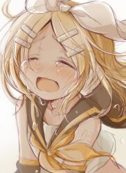 Rule 34 | 1girl, absurdres, backlighting, bare shoulders, blonde hair, blush, bow, closed eyes, crop top, crying, detached sleeves, grey sailor collar, grey sleeves, hair bow, hair ornament, hairclip, headphones, headset, highres, hitode, kagamine rin, kokoro (vocaloid), medium hair, messy hair, midriff peek, neckerchief, number tattoo, open mouth, sailor collar, shirt, shoulder tattoo, sleeveless, sleeveless shirt, solo, streaming tears, tattoo, tears, upper body, vocaloid, wavy mouth, wind, yellow neckerchief