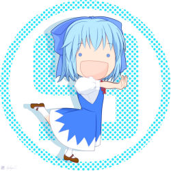 Rule 34 | circled 9, 10s, 1girl, artist name, blue eyes, blue hair, bow, cirno, cosplay, dress, fairy (jintai), fairy (jintai) (cosplay), full body, hair bow, jinrui wa suitai shimashita, kiyokazu, mary janes, matching hair/eyes, open mouth, outstretched arms, ribbon, shoes, short hair, smile, solo, standing, standing on one leg, touhou