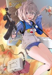 Rule 34 | 1girl, absurdres, ahoge, blue jacket, brown hair, chocolate, cooler, crying, crying with eyes open, explosion, glasses, goddess of victory: nikke, gun, harikura, highres, holding, holding gun, holding weapon, jacket, long sleeves, medium hair, open mouth, outdoors, pink eyes, rapture (nikke), round eyewear, shell casing, short shorts, shorts, signal (dramatic chocolate) (nikke), signal (nikke), solo, submachine gun, tears, teeth, tongue, upper teeth only, weapon