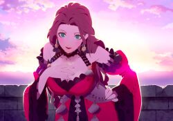 Rule 34 | bent over, blush, breasts, brick wall, brown hair, cleavage, cloud, cloudy sky, dorothea arnault, dress, earrings, fire emblem, fire emblem: three houses, green eyes, hand on own hip, hand on own chest, highres, jewelry, large breasts, long hair, looking at viewer, nintendo, non-web source, official art, red dress, sky, wall