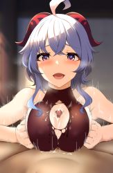 Rule 34 | 1boy, 1girl, 4tb (4tera byte), ahoge, bare arms, blue hair, blush, breasts, breasts squeezed together, censored, covered erect nipples, cum, cum on body, cum on breasts, cum on clothes, cum on upper body, ejaculation, ganyu (genshin impact), genshin impact, hetero, highres, horns, long hair, looking at viewer, medium breasts, mosaic censoring, motion lines, open mouth, paizuri, paizuri under clothes, pov, purple eyes, sidelocks, smile, solo focus, sweat, torn clothes, upper body