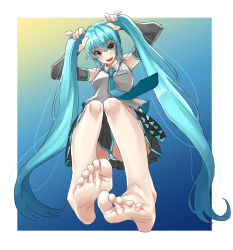 Rule 34 | 1girl, aqua eyes, aqua hair, ass, bare legs, bare shoulders, barefoot, belt, blue necktie, blue panties, breasts, commentary, eiji (eiji), feet, foot focus, foreshortening, hair between eyes, hair ribbon, hatsune miku, highres, large breasts, long hair, looking at viewer, nail polish, necktie, panties, ribbon, soles, solo, tail, thighs, toenail polish, toenails, toes, twintails, twintails day, underwear, vocaloid, wide sleeves