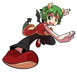 Rule 34 | 1girl, black pants, china dress, chinese clothes, draco centauros, dragon girl, dragon horns, dragon tail, dragon wings, dress, elbow gloves, fang, gloves, green eyes, green hair, horns, mary cagle, open mouth, pants, pointy ears, puyopuyo, red footwear, shoes, short hair, solo, tail, white background, white gloves, wings