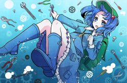 Rule 34 | 1girl, adjustable wrench, backpack, bad id, bad pixiv id, bag, blue eyes, blue hair, boots, bubble, combination wrench, double sided wrench, dress, hair bobbles, hair ornament, hat, kawashiro nitori, key, long sleeves, looking at viewer, matching hair/eyes, open mouth, outstretched arm, pliers, pocket, remirya koumakan, rubber boots, screw, screwdriver, shirt, short hair, skirt, skirt set, smile, solo, tools, touhou, twintails, two side up, underwater, wet, wet clothes, wrench
