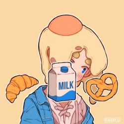 Rule 34 | 1girl, artist name, blue eyes, blush stickers, bread, covered face, croissant, egg, english text, food, hanaan, head tilt, milk, original, outline, pretzel, simple background, solo, upper body, white outline, yellow background