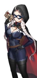 Rule 34 | 1girl, absurdres, ahoge, black cape, black footwear, black gloves, blue bodysuit, blue eyes, bodysuit, boots, braid, breasts, cape, capelet, cleavage, commission, commissioner upload, covered navel, crystal earrings, dhokidoki, earrings, eye mask, fire emblem, fire emblem fates, fire emblem heroes, gloves, grey eyes, highres, hood, hood up, hooded cape, jewelry, large breasts, leather, long hair, low twin braids, medium breasts, nina (fire emblem), nintendo, non-web source, o-ring, official alternate costume, parted bangs, red capelet, skin tight, thigh boots, transparent background, turtleneck, twin braids, two-tone bodysuit, two-tone cape, white hair