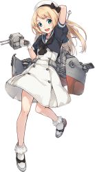Rule 34 | 1girl, beret, blonde hair, blue eyes, blue sailor collar, dress, full body, gloves, hat, jervis (kancolle), kantai collection, konishi (koconatu), long hair, machinery, mary janes, official art, open mouth, sailor collar, sailor dress, sailor hat, shoes, short sleeves, solo, torpedo, transparent background, turret, white dress, white gloves, white hat