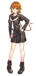 Rule 34 | 1girl, black footwear, black sailor collar, black serafuku, black shirt, black skirt, black socks, blush, boots, breasts, brown hair, closed mouth, commentary request, cross-laced footwear, full body, glasses, green eyes, hand on own hip, lace-up boots, long hair, long sleeves, looking at viewer, neckerchief, original, pigeon-toed, pleated skirt, raika9, red-framed eyewear, sailor collar, school uniform, semi-rimless eyewear, serafuku, shirt, simple background, skirt, sleeves past wrists, small breasts, socks, solo, standing, under-rim eyewear, very long hair, white background, white neckerchief