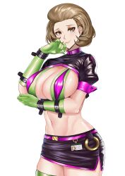 Rule 34 | 1girl, absurdres, alternate costume, black skirt, breasts, brown eyes, brown hair, commentary, commission, cosplay, cowboy shot, deroo, eyeshadow, fate/grand order, fate (series), fire emblem, fire emblem: three houses, florence nightingale (fate), florence nightingale (fate) (cosplay), forehead, gloves, green gloves, grin, hand up, highres, id card, large breasts, looking at viewer, makeup, manuela casagranda, miniskirt, mole, mole under eye, navel, nintendo, parted lips, pencil skirt, puffy short sleeves, puffy sleeves, short hair, short sleeves, shrug (clothing), simple background, skirt, smile, solo, standing, stomach, thighs, white background
