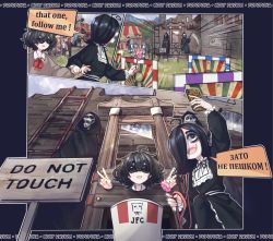 Rule 34 | :d, absurdres, ahoge, artist name, black dress, black hair, black legwear, blind girl (popopoka), brown sweater, candy, death (entity), double v, dress, english text, fang, food, freckles, grey eyes, grim reaper, guillotine, hair over one eye, highres, holding, holding candy, holding food, holding scythe, imminent death, kfc, medium hair, neck ribbon, open mouth, original, pantyhose, peril, popopoka, red ribbon, ribbon, russian text, scythe, selfie, sign, smile, sweater, translation request, v
