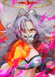 Rule 34 | 1girl, ace kin, bad id, bad pixiv id, bandaid, bandaid on face, blood, boxing gloves, breasts, cleavage, clenched hand, coat, energy, gloves, goggles, goggles on head, grey hair, hair between eyes, halo, highres, long hair, monster strike, multicolored hair, nosebleed, open mouth, orange eyes, orange wings, oversized object, red coat, red hair, sleeves rolled up, solo, streaked hair, teeth, transparent, upper body, whistle, wings