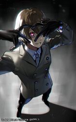 Rule 34 | 1boy, akechi gorou, black gloves, brown hair, btmr game, coat, collared shirt, gloves, grey coat, hair between eyes, heart, heart hands, highres, long sleeves, looking at viewer, male focus, necktie, oshi no ko, pants, parody, persona, persona 5, pose imitation, shirt, signature, simple background, solo, standing, star-shaped pupils, star (symbol), symbol-shaped pupils, twitter username, white shirt