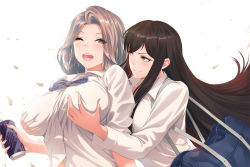Rule 34 | 2girls, bag, black hair, blue bow, blush, bow, grabbing another&#039;s breast, breasts, brown eyes, brown hair, can, collared shirt, dress shirt, grabbing, grabbing from behind, grin, groping, holding, holding can, large breasts, long hair, long sleeves, multiple girls, obaoba (monkeyix), one eye closed, open mouth, original, petals, school bag, school uniform, shirt, smile, upper body, very long hair, white shirt, wince, wind, yellow eyes, yuri