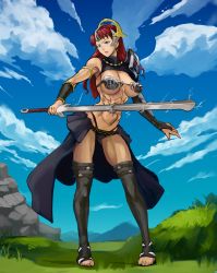 Rule 34 | 1girl, abs, bikini armor, breasts, claudette (queen&#039;s blade), helmet, jewelry, large breasts, mikazuki shigure, queen&#039;s blade, red hair, solo, sword, thong, weapon