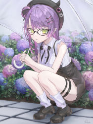 Rule 34 | 1girl, absurdres, asymmetrical hair, bad id, bad pixiv id, beret, black-framed eyewear, black footwear, black hat, black ribbon, black skirt, blouse, blue flower, braid, breasts, commentary, cross-laced footwear, ear piercing, expressionless, fake horns, flower, flower bed, french braid, frilled shirt, frills, full body, glasses, green eyes, hair bun, hair ornament, hairclip, hat, hat pin, highres, holding, holding umbrella, hololive, horned headwear, horns, hydrangea, long hair, looking at viewer, miniskirt, nail polish, neck ribbon, official alternate costume, outdoors, parted lips, piercing, pink flower, pink nails, pleated skirt, pointy ears, pom pom (clothes), purple hair, rasa k, ribbon, shirt, shirt tucked in, shoes, side bun, signature, single hair bun, single side bun, skirt, sleeveless, sleeveless shirt, small breasts, socks, solo, squatting, suspender skirt, suspenders, thigh strap, tokoyami towa, umbrella, virtual youtuber, wet, wet hair, white shirt, white socks, x hair ornament