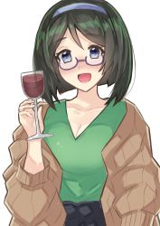 Rule 34 | 1girl, :d, absurdres, black hair, blue hairband, blush, breasts, brown jacket, cleavage, cup, dokuganryuu, drinking glass, drunk, glasses, green shirt, hairband, highres, holding, holding cup, jacket, kantai collection, kirishima (kancolle), looking at viewer, one-hour drawing challenge, open mouth, purple-framed eyewear, red wine, shirt, short hair, simple background, smile, solo, upper body, white background, wine glass