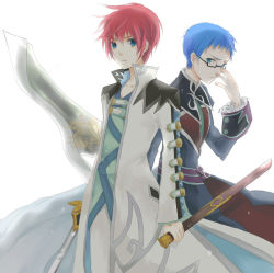 Rule 34 | 2boys, asbel lhant, bad id, bad pixiv id, blade, blue eyes, blue hair, brothers, brown hair, glasses, hubert ozwell, male focus, mochigon, multiple boys, siblings, tales of (series), tales of graces, white background