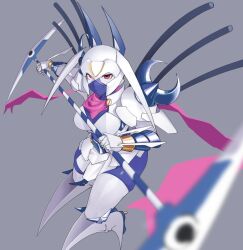 Rule 34 | 1girl, armor, blue hair, breastplate, colored skin, dianamon, digimon, digimon (creature), female focus, hair between eyes, helmet, mask, mouth mask, olympos xii, red eyes, scarf, scythe, solo, white skin