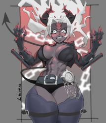 Rule 34 | 1girl, abs, belt, black panties, black skin, blurry, blurry background, border, breasts, chain, claw (weapon), colored skin, demon girl, demon horns, demon tail, eyelashes, floating, floating hair, grey thighhighs, helltaker, highres, horns, judgement (helltaker), long hair, lycoris (lyc0riss), navel, panties, parted lips, pentagram, signature, solo, tail, teeth, thigh strap, thighhighs, toned, underwear, weapon, white eyes, white hair