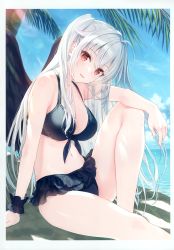 Rule 34 | 1girl, absurdres, arm support, bare shoulders, blue sky, breasts, cleavage, cloud, cloudy sky, frills, highres, knee up, long hair, looking at viewer, medium breasts, navel, ocean, original, outdoors, parted lips, scan, scrunchie, shadow, shiny skin, simple background, sky, smile, solo, stomach, thighs, water, white hair, wrist scrunchie, yashiro seika