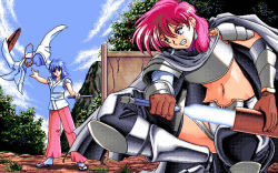 Rule 34 | 2girls, angry, armor, artist request, blue hair, blue sky, cloud, day, dithering, forest, hat, hercequary, knife, mountain, multiple girls, nature, pc-98 (style), pc98, pink hair, pink legwear, reika (hercequary), roza (hercequary), sky, sword, throwing, weapon
