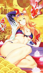 Rule 34 | 1girl, absurdres, animal ears, bare legs, bikini, blonde hair, breasts, breasts apart, cellphone, checkered background, craft essence (fate), crescent, cropped, eyewear on head, fate/grand order, fate (series), fish, flower, fox ears, grin, suzuka gozen (heavenly demon princess) (fate), highres, iphone, jacket, jewelry, legs, long hair, looking at viewer, lotus, medium breasts, nail polish, necklace, non-web source, official art, phone, purple bikini, red scrunchie, scan, scrunchie, seigaiha, shaka p, smartphone, smile, solo, suzuka gozen (fate), swimsuit, thighs, water, wrist scrunchie, yellow background, yellow eyes
