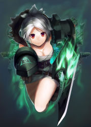 Rule 34 | &gt;:(, 1girl, armor, aura, belt, belt skirt, breasts, cleavage, closed mouth, dress, folded ponytail, foreshortening, frown, full body, highres, holding, holding sword, holding weapon, hou akira, incoming attack, league of legends, looking at viewer, red eyes, riven (league of legends), short dress, short hair, silver hair, solo, strapless, strapless dress, sword, v-shaped eyebrows, weapon, white dress