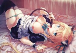 Rule 34 | 1girl, absurdres, ahoge, animal ears, apron, aqua ribbon, bed sheet, black thighhighs, blonde hair, blue eyes, blurry, blush, breasts, cat ears, cat tail, depth of field, frilled apron, frills, green panties, hair ribbon, hands up, highres, hiten (hitenkei), indoors, knees up, large breasts, long hair, looking at viewer, lying, maid, nipples, on back, on bed, open mouth, original, panties, panty pull, ribbon, saliva, sidelocks, solo, tail, thighhighs, tongue, tongue out, twintails, underwear, very long hair, waist apron, wrist cuffs