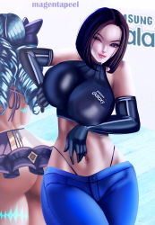 Rule 34 | 2girls, absurdres, ass, black gloves, black hair, blue eyes, blue hair, breasts, denim, drill hair, elbow gloves, gloves, highres, huge ass, huge breasts, jeans, large breasts, magentapeel, multiple girls, one eye closed, pants, product girl, samsung, samsung sam, shiny clothes, short hair, whale tail (clothing), wide hips, wink