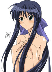 Rule 34 | 1girl, blue hair, breasts, covering privates, covering breasts, female focus, green eyes, kanon, kawasumi mai, long hair, nude, nude cover, ponpon, simple background, solo, standing, upper body, white background