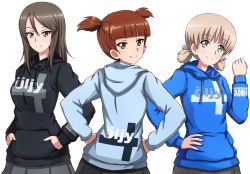 Rule 34 | 3girls, aki (girls und panzer), black shirt, blue shirt, blue skirt, blunt bangs, brown eyes, brown hair, casual, clenched hand, closed mouth, clothes writing, commentary, drawstring, finnish text, from behind, girls und panzer, green eyes, grey skirt, hair tie, hand on own hip, hands in pockets, hands on own hips, head tilt, highres, hood, hood down, hoodie, light brown hair, long hair, long sleeves, looking at viewer, looking back, mika (girls und panzer), mikko (girls und panzer), miniskirt, multiple girls, no headwear, omachi (slabco), pants, pants under skirt, pleated skirt, red eyes, red hair, shirt, short hair, short twintails, side-by-side, simple background, single vertical stripe, skirt, smile, standing, swept bangs, track pants, twintails, white background