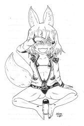 Rule 34 | absurdres, animal ears, barefoot, bikini, bikini top only, blush, covering own eyes, fox ears, fox tail, highres, monochrome, open clothes, phase connect, swimsuit, tail, tenma maemi, virtual youtuber