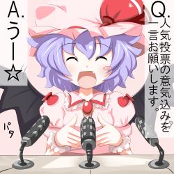 Rule 34 | 1girl, bat wings, blue hair, blush stickers, dress, closed eyes, fang, hat, hat ribbon, kikurage (sugi222), microphone, mob cap, open mouth, pink dress, puffy sleeves, remilia scarlet, ribbon, short sleeves, smile, solo, touhou, translation request, upper body, uu~, wings