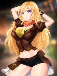 Rule 34 | 1girl, arms behind head, arms up, belt, belt buckle, black shorts, blonde hair, blurry, blurry background, breasts, brown belt, brown jacket, buckle, cleavage, collarbone, cowboy shot, gigamessy, grin, jacket, large breasts, long hair, midriff, navel, purple eyes, rwby, short shorts, short sleeves, shorts, smile, solo, standing, stomach, thighs, very long hair, yang xiao long