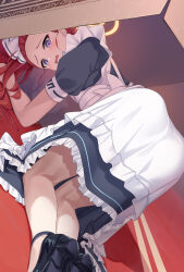Rule 34 | 1girl, absurdres, all fours, apron, ass, black dress, black footwear, blue archive, blush, box, cardboard box, commentary request, dress, frilled apron, frilled dress, frills, from behind, halo, highres, long hair, looking at viewer, looking back, maid, maid apron, maid headdress, paid reward available, parted lips, pizza (pizzania company), puffy short sleeves, puffy sleeves, purple eyes, red hair, shoes, short sleeves, solo, variant set, wavy mouth, white apron, yellow halo, yuzu (blue archive), yuzu (maid) (blue archive)