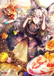 Rule 34 | 1girl, animal ears, blue eyes, blush, closed mouth, food, frills, hairband, holding, holding spoon, kyjsogom, long hair, looking at viewer, naver username, pancake, silver hair, smile, solo, spoon, watermark, web address
