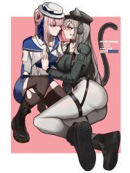 Rule 34 | 2girls, absurdres, animal ears, arknights, ass, black footwear, black headwear, black jacket, black thighhighs, boots, breasts, cat ears, cat tail, ceylon (arknights), commentary request, ears through headwear, eye contact, fedora, hat, headset, highres, jacket, large breasts, leggings, long hair, looking at another, multiple girls, official alternate costume, pants, parted lips, pink hair, schwarz (arknights), schwarz (skyline) (arknights), tail, thigh strap, thighhighs, thighs, very long hair, white headwear, white pants, yat (tsmn7245), yuri