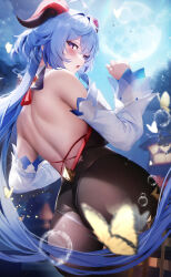 Rule 34 | 1girl, absurdres, ahoge, ass, back, bare shoulders, black leotard, black pantyhose, blue hair, bug, butterfly, detached sleeves, fantongjun, from behind, ganyu (genshin impact), genshin impact, goat horns, highres, horns, insect, leotard, long hair, long sleeves, looking at viewer, looking back, open mouth, outdoors, pantyhose, purple eyes, solo