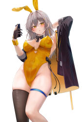 Rule 34 | 1girl, alternate costume, animal ears, black jacket, black thighhighs, breasts, cellphone, cleavage, commentary request, covered navel, fake animal ears, grey hair, highres, holding, holding phone, honkai: star rail, honkai (series), jacket, large breasts, leotard, long hair, long sleeves, looking at viewer, paid reward available, phone, playboy bunny, rabbit ears, ru zhai, simple background, single thighhigh, solo, standing, stelle (honkai: star rail), thigh strap, thighhighs, thighs, trailblazer (honkai: star rail), white background, yellow eyes, yellow leotard