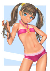 Rule 34 | 1girl, arm behind back, arm up, bikini, blue background, blue eyes, brown hair, flat chest, highres, holding, holding hair, long hair, navel, o-ring, original, pink bikini, scrunchie, simple background, solo, stomach, swimsuit, tan, tanline, thighs, twintails, uzuki mei