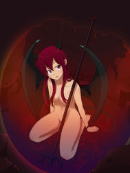 Rule 34 | 1girl, barefoot, breasts, censored, convenient censoring, demon, demon girl, demon tail, eggshell, hair censor, hair over breasts, horns, long hair, medium breasts, murata isshin, nude, original, pointy ears, red eyes, red hair, sitting, solo, tail, weapon, wings